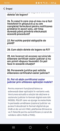 Captură de ecran pentru aplicația mobilă ghiseul.ro, pagina Întrebări frecvente, întrebarea cu numărul 31: Pot să obțin certificatul cazier judiciar prin utilizarea aplicației mobile?