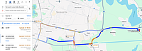 Captură de ecran de pe Google Maps, pentru traseul cu mașina, de la Parc Sportiv Lunca Cetății din București până la centrul comercial Fashion House Cernica, care este prima oprire posibilă după ce ai intrat pe autostrada A2. Primele 2 trasee sugerate de Google Maps diferă cu 0-2 minute între ele, traseul pe Podul Teclu fiind mai lung cu 2 minute în cazul cel mai nefavorabil de trafic.