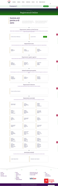 Captură de ecran pentru pagina Registratură online, cu 32 de tipuri de formulare electronice disponibile prin butonul Aplică care redirectează cetățenii către platforma Avansis online https://public.sector5.ro/.