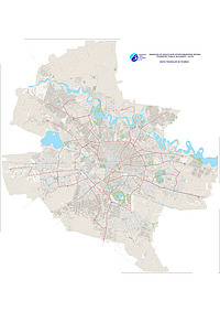 Document PDF publicat de site-ul Transport Public București Ilfov (TPBI), reprezentând harta rețelei de tramvaie din București, la 12 aprilie 2024.