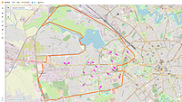 Captură de ecran de pe Osmand Map, din aprilie 2024, cu harta Bucureștiului și parcurile pentru câini din București. Liniile portocalii reprezintă limitele sectorului 6, iar săgețile roz reprezintă parcurile pentru câini din sectorul 6.