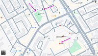 Captură de ecran de pe Google Maps, cu harta zonei în care se află locul de joacă menționat de Piedone. Am marcat cu săgeți roz poziția magazinului Kaufland și poziția benzinăriei Petrom (ambele din vecinătatea locului de joacă), precum și poziția locului de joacă identificat.