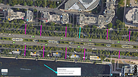Captură de ecran de pe Google Maps, cu bulevardul Unirii din București, segmentul dintre Piața Unirii și intersecția cu bulevardul Mircea Vodă. În imagine se observă că lățimea unei zone pietonale (trotuar, spații verzi și ocazional parcări) este de aproximativ 26 m (calculată de Google Maps Measure). Pe alocuri, lățimea zonei pietonale (de pe un sens) depășește 30 m.
