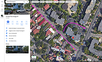 Captură de ecran de pe Google Maps, modul satelit, cu poziția străzii Pecineaga (care începe din Șoseaua Sălaj). Numărul 81 de pe această stradă este chiar la intersecția cu Șoseaua Sălaj (vezi pin-ul roșu pe blocul albastru), iar parcarea dintre blocuri este marcată cu săgeată roz îndoită. Imagine din 2024.
