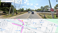 Captură de ecran de pe Google Maps (modul Street View), reprezentând intersecția Șoseaua Gării Cățelu cu Șoseaua Industriilor și Drumul între Tarlale, în august 2023. În imagine se observă calea ferată și cele 3 șosele, iar intersecția nu are încă niciun pasaj suprateran construit.
