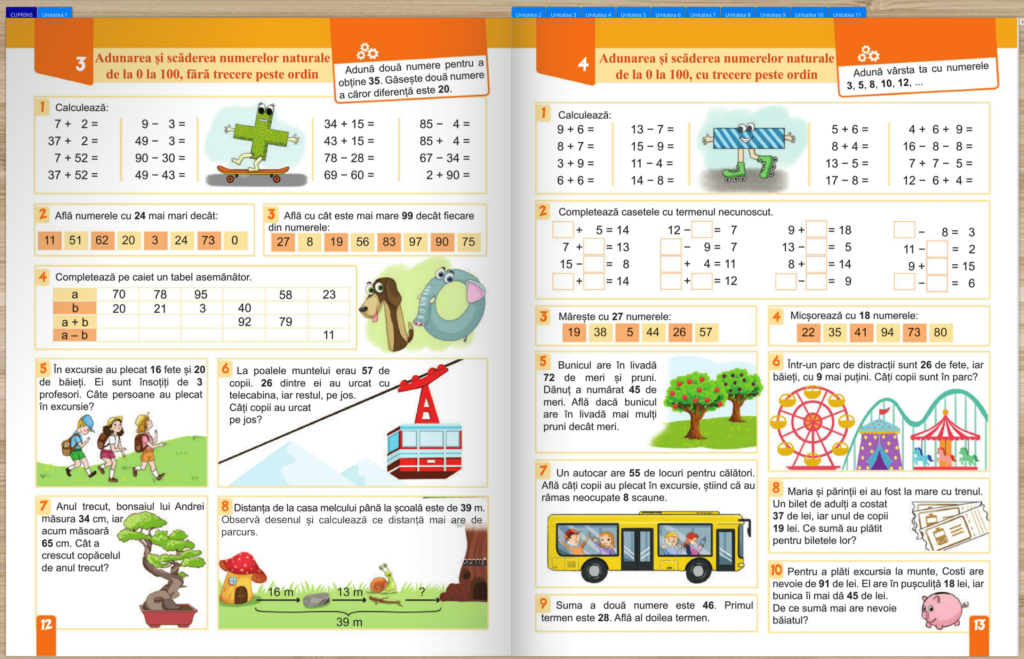 Captură de ecran pentru paginile 12-13 din manualul de matematică și explorarea mediului, pentru clasa a II-a, editura Edu.
